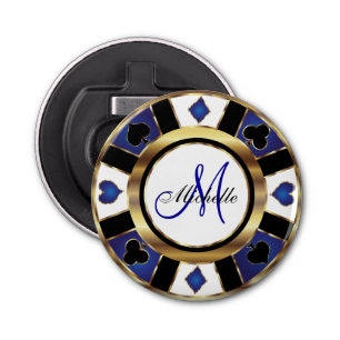 Monogram Blue Poker Chip Design Bottle Opener