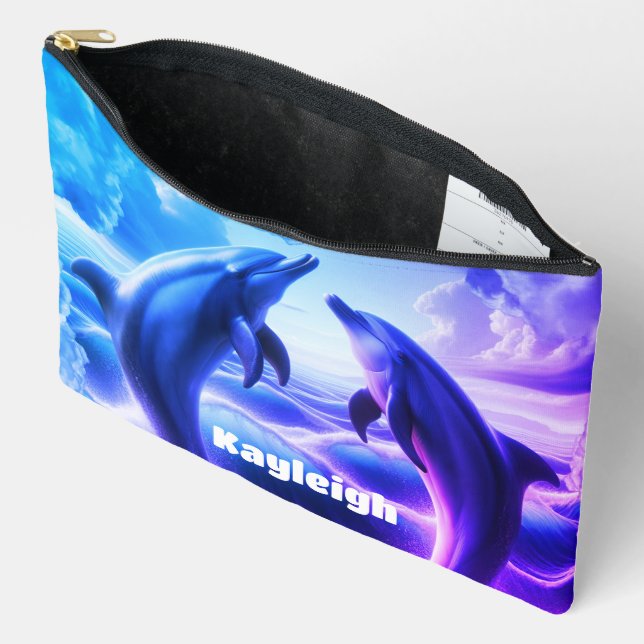 Monogram Blue Purple Dolphins Ocean | Accessory Pouch (Open)