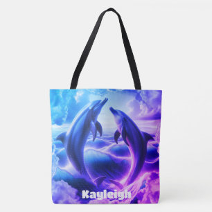 Monogram Blue & Purple Dolphins Ocean   Tote Bag