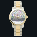 Monogram Blue Purple Floral Gold Newlyweds Wedding Watch<br><div class="desc">Elegant commemorative wedding gift for the newlyweds allowing you add their surname,  monogram,  names and wedding date. Design here is a lovely deep navy blue and purple floral bouquet with gold coloured calligraphy and typography.</div>