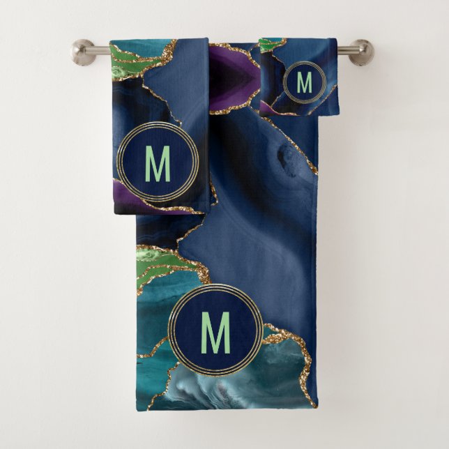 Monogram Blue Purple Green Agate Gold Glitter Bath Towel Set (Insitu)