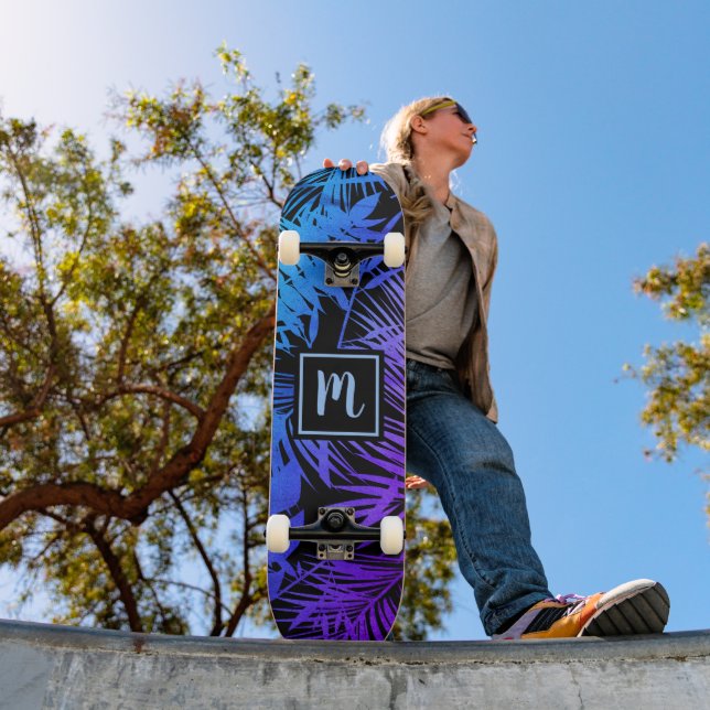 Monogram blue purple ombre leaf cool trendy modern skateboard (Outdoor 1)