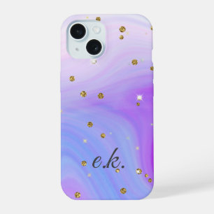 Monogram Blue Purple Pink Swirl Gold Glitter iPhone 15 Case