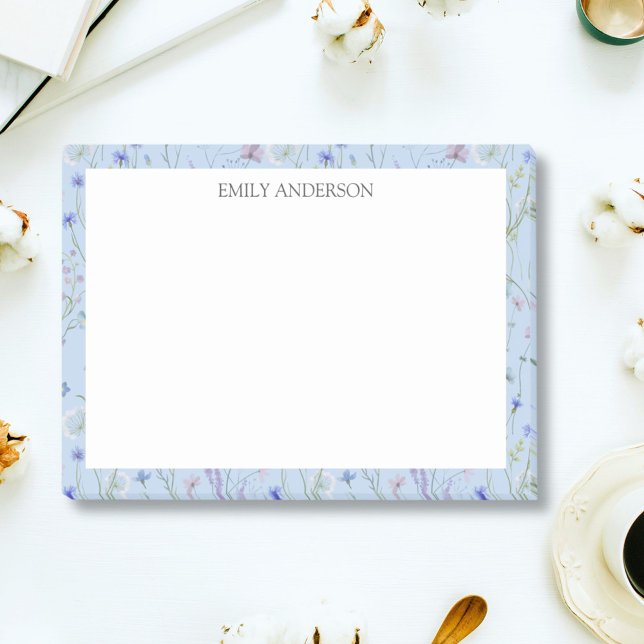 Monogram Blue Purple Pretty Wildflower Floral Post-it Notes (In situ)