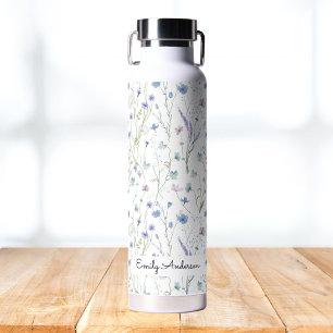 Monogram Blue Purple Pretty Wildflower Floral Water Bottle