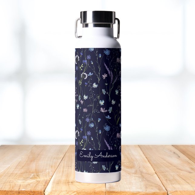 Monogram Blue Purple Pretty Wildflower Floral Water Bottle (In situ)