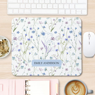Monogram Blue Purple Wildflower Floral Pattern Mouse Pad