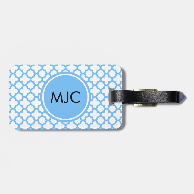 Monogram Blue Quatrefoil Pattern Luggage Tag (Back Horizontal)