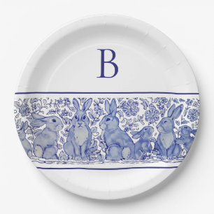 Monogram Blue Rabbit Animal Whimsical Custom Paper Plate