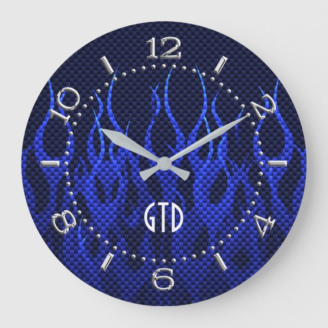 Monogram Blue Racing Flames on Carbon Fibre Print Large Clock (Front)