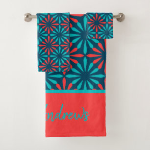 Monogram Blue Red Pattern Personalised Name Bath Towel Set