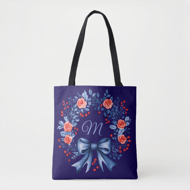 Monogram Blue Red Rose Christmas Tote Bag (Front)