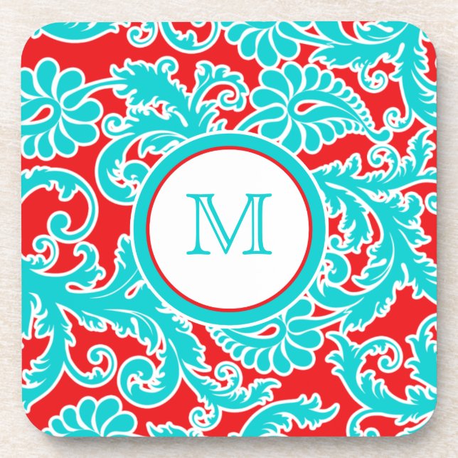 Monogram Blue, Red, White Damask Coaster Set (6) (Front)