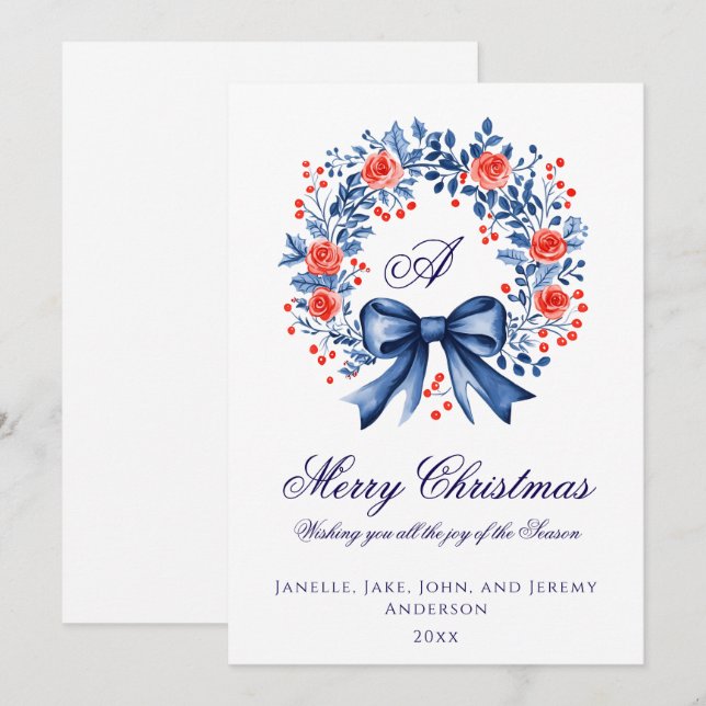 Monogram Blue Red Wreath Christmas Holiday Card (Front/Back)