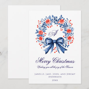 Monogram Blue Red Wreath Christmas Holiday Card