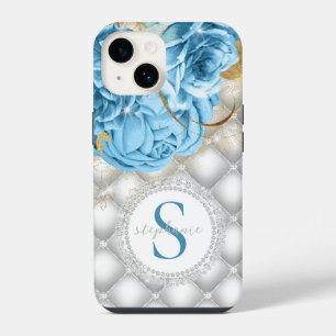 Monogram Blue Roses Diamonds Sparkle Tufted Glam iPhone 14 Case