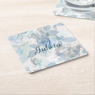 Monogram Blue Roses luxury Square Paper Coaster