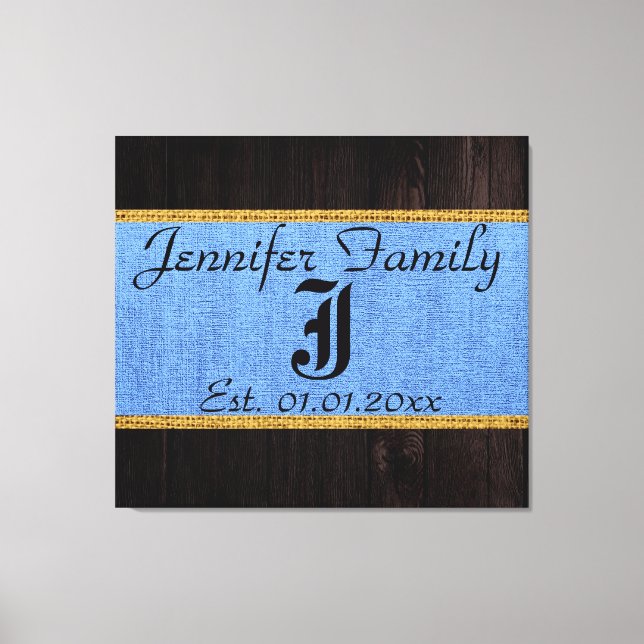 Monogram Blue Rustic Burlap Linen Wood Look Canvas Print (Front)