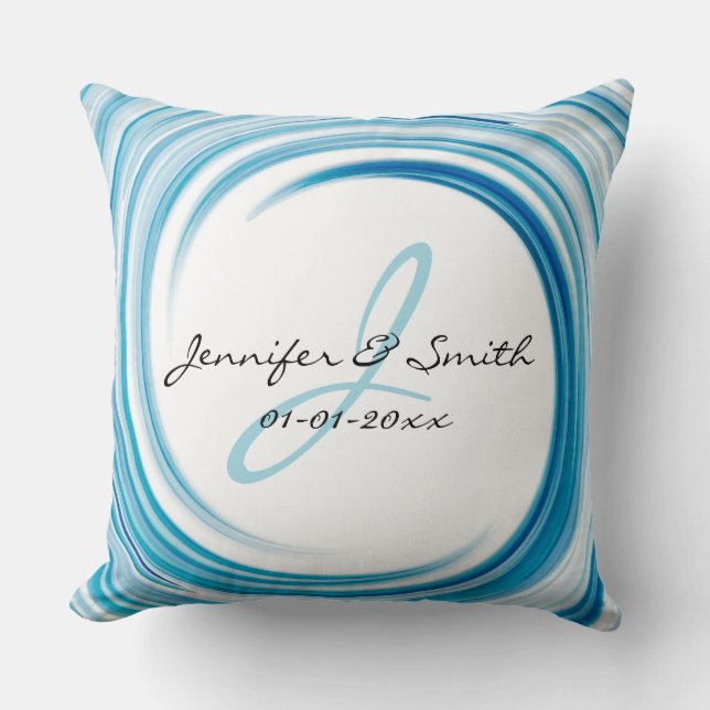 Monogram Blue sapphire Swirl Abstract Art Cushion (Front)