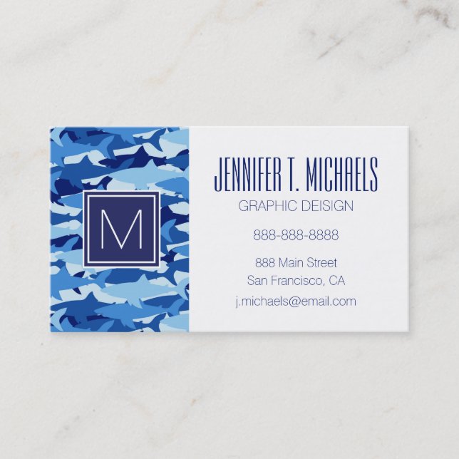 Monogram Blue Shark Pattern Business Card (Front)