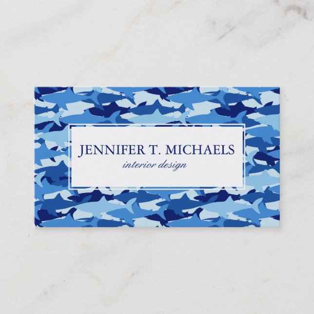 Monogram Blue Shark Pattern Business Card (Front)
