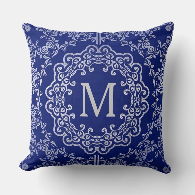 Monogram Blue & Silver Filigree Motif Throw Pillow (Front)