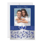 Monogram Blue, Silver Floral PHOTO Wedding Invite