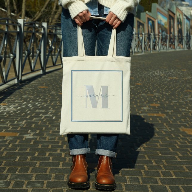Monogram Blue Simple Minimalist Pretty Custom Tote Bag (Creator Uploaded)