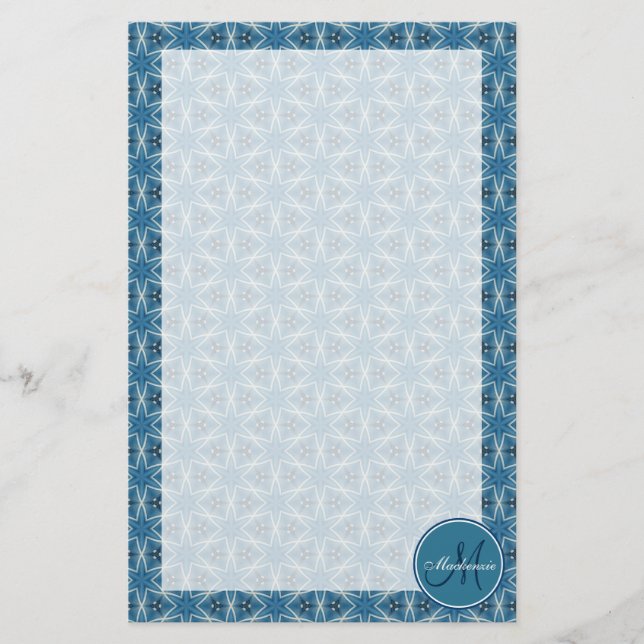 Monogram Blue Stars Geometric Repeating Pattern Stationery (Front)