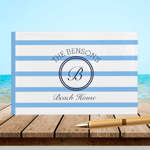 Monogram Blue Stripes Name Beach House Guest Book