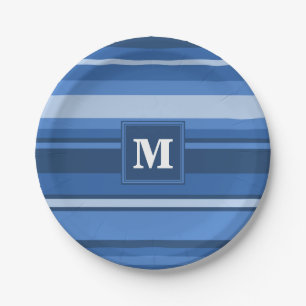 Monogram blue stripes paper plate