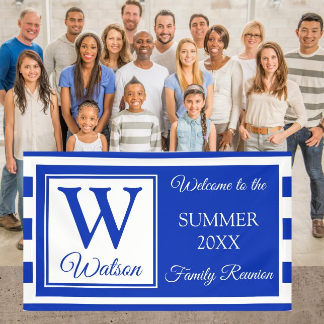 Monogram Blue Stripes Summer Family Reunion Banner (Creator Uploaded)