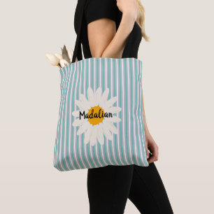 Monogram blue stripes with cute floral trendy tote bag