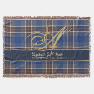 Monogram Blue Tartan Plaid Newlyweds Wedding Throw Blanket