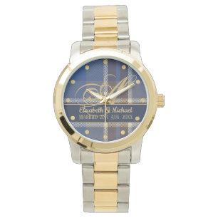 Monogram Blue Tartan Plaid Newlyweds Wedding Watch