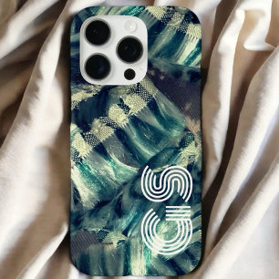 Monogram blue teal cream stripe nautical abstract  iPhone 16 pro case