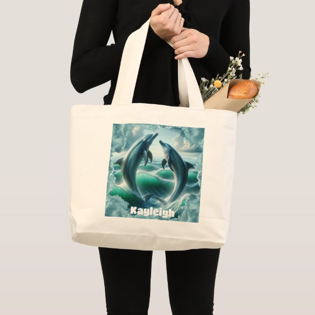 Monogram Blue Teal Dolphins Ocean | Large Tote Bag (Front (Product))