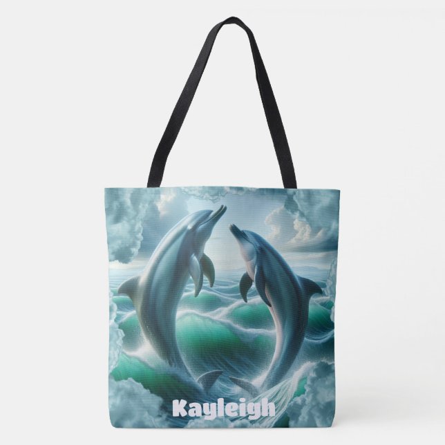 Monogram Blue Teal Dolphins Ocean | Tote Bag (Front)