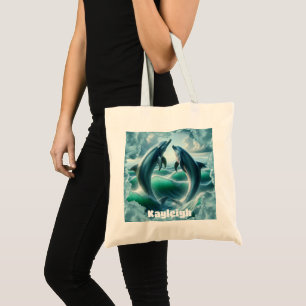 Monogram Blue Teal Dolphins Ocean Tote Bag