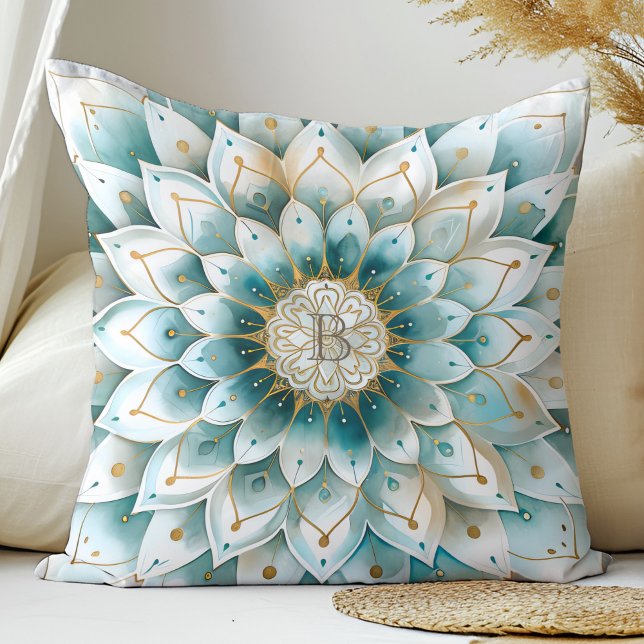 Monogram Blue Teal Gold Floral Mandala Cushion (Creator Uploaded)