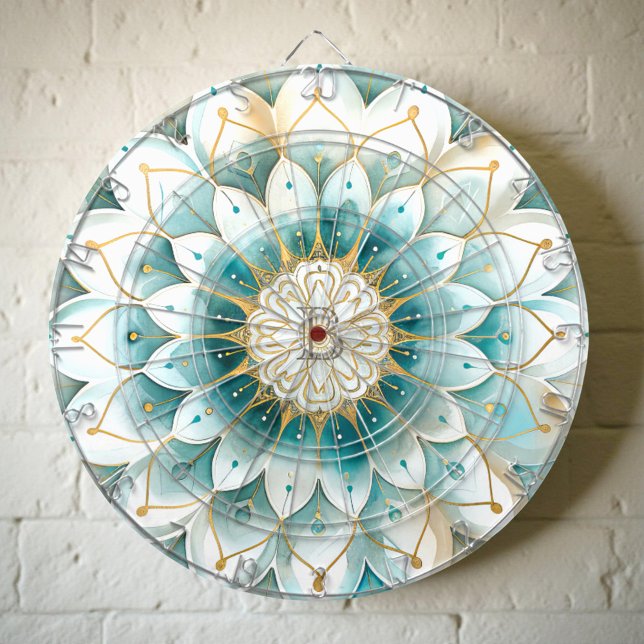Monogram Blue Teal Gold Floral Mandala Dartboard (Creator Uploaded)