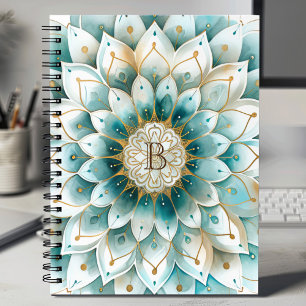 Monogram Blue Teal Gold Floral Mandala Notebook