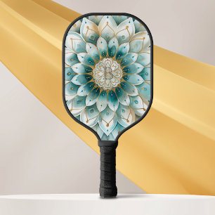 Monogram Blue Teal Gold Floral Mandala Pickleball Paddle