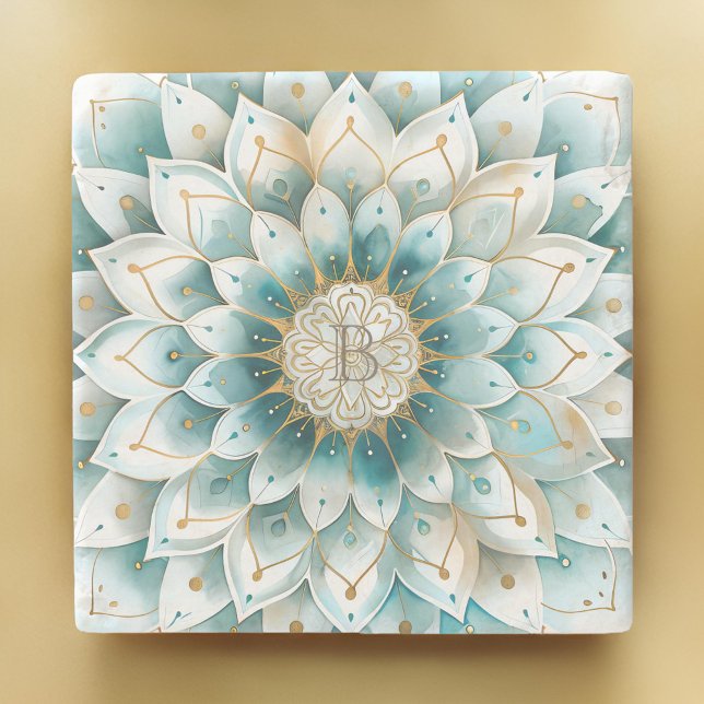 Monogram Blue Teal Gold Floral Mandala Stone Coaster (Creator Uploaded)