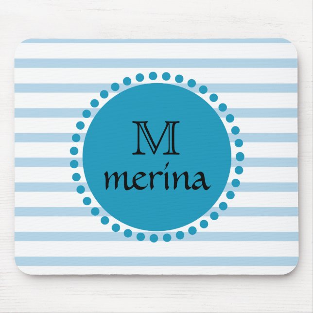 Monogram Blue Teal Gold Striped Circle Mouse Pad (Front)