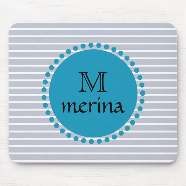 Monogram Blue Teal Striped Gold Circle Mouse Pad (Front)