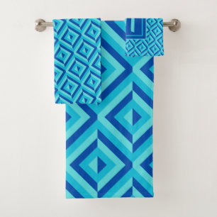 Monogram Blue Three-Tone Diamond Pattern Bath Towel Set