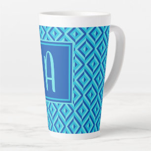 Monogram Blue Three-Tone Diamond Pattern Latte Mug