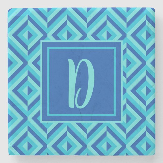 Monogram Blue Three-Tone Diamond Pattern Stone Coaster (Front)