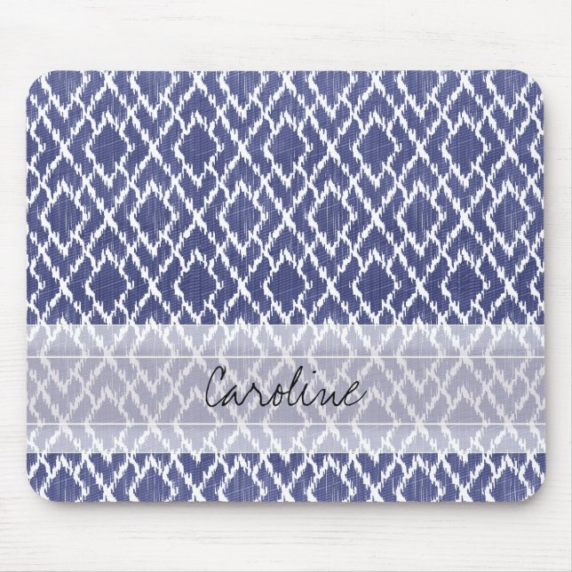 Monogram Blue Tribal Print Ikat Diamond Pattern Mouse Pad (Front)